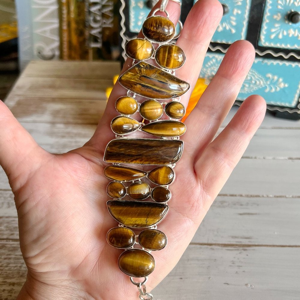 Tiger Eye Bracelet Handmade Gemstone Crystal 925 Silver Large Adjustable Ethnic - Picture 3 of 12